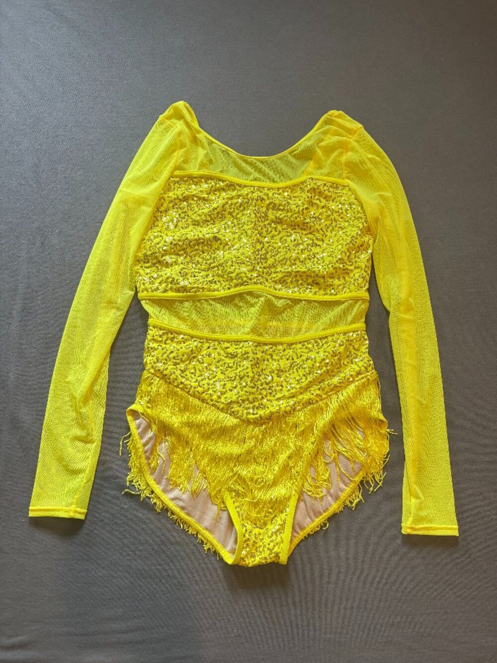 Weissman Yellow Sequin Mesh Long Sleeve Fringe Skirt Dance Costume Dress LA